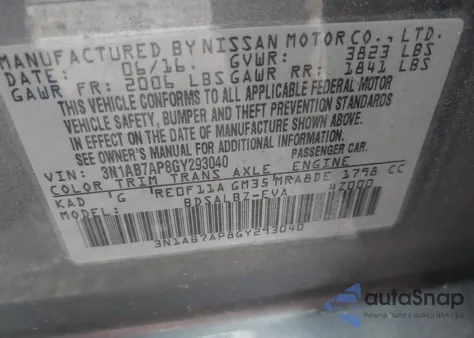 2016 Nissan Sentra Fe+ S/S/Sl/Sr/Sv z USA, uszkodzony, nr VIN 3N1AB7AP8GY293040